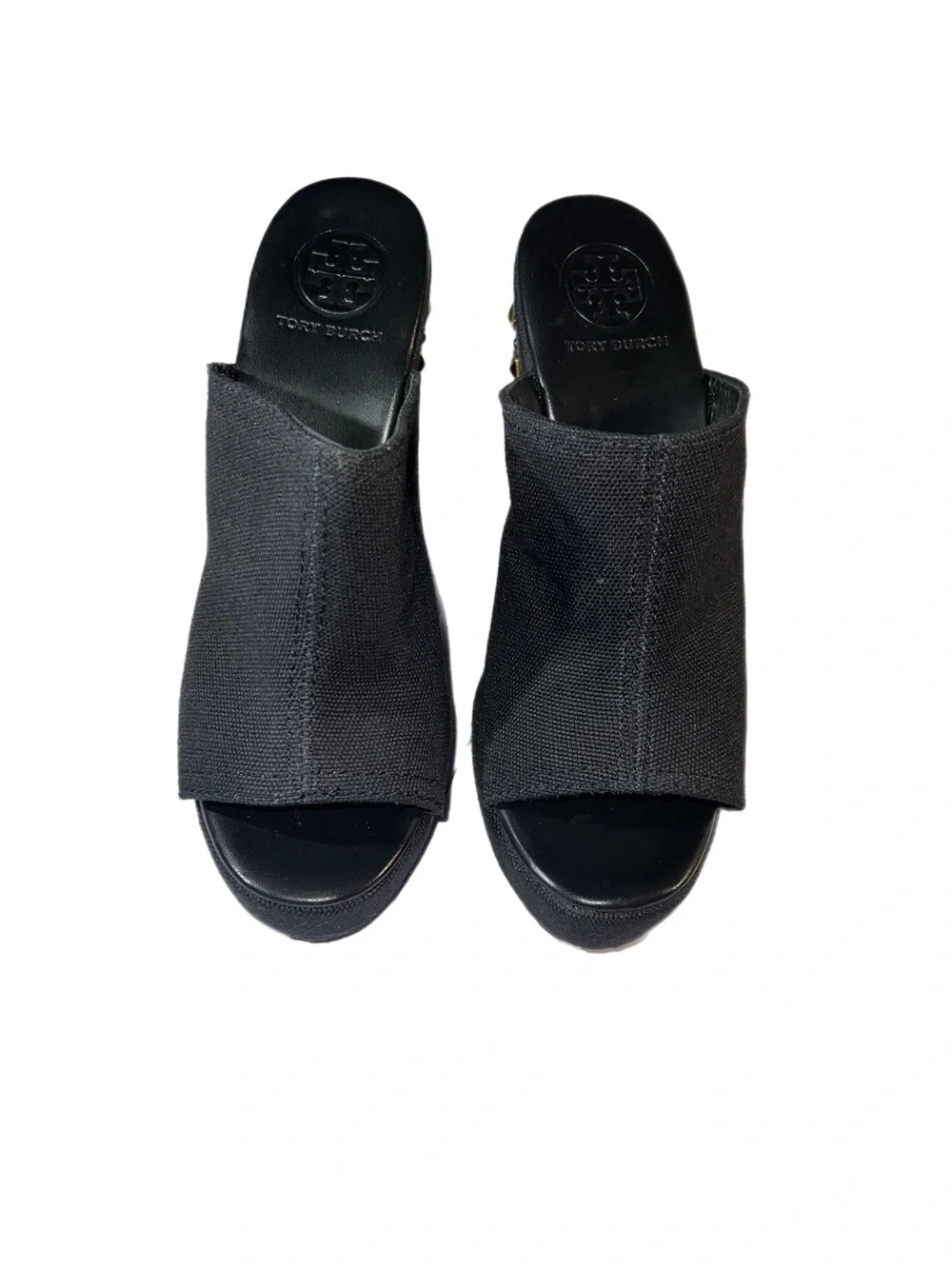 EUC Tory Burch Canvas Meredith Studded Peep-Toe Wedges  Black gold size 7